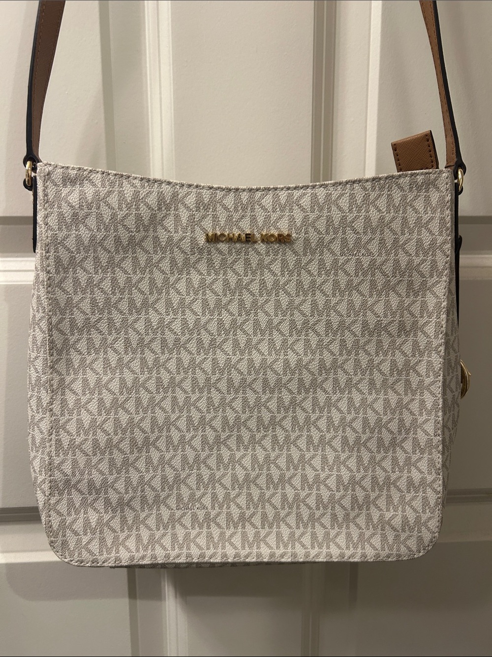Michael Kors Cream and Tan MK Logo Crossbody